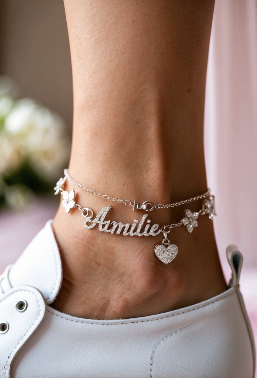 A delicate anklet with a personalized name charm, surrounded by delicate floral and heart motifs, shimmering in the soft light of a wedding setting