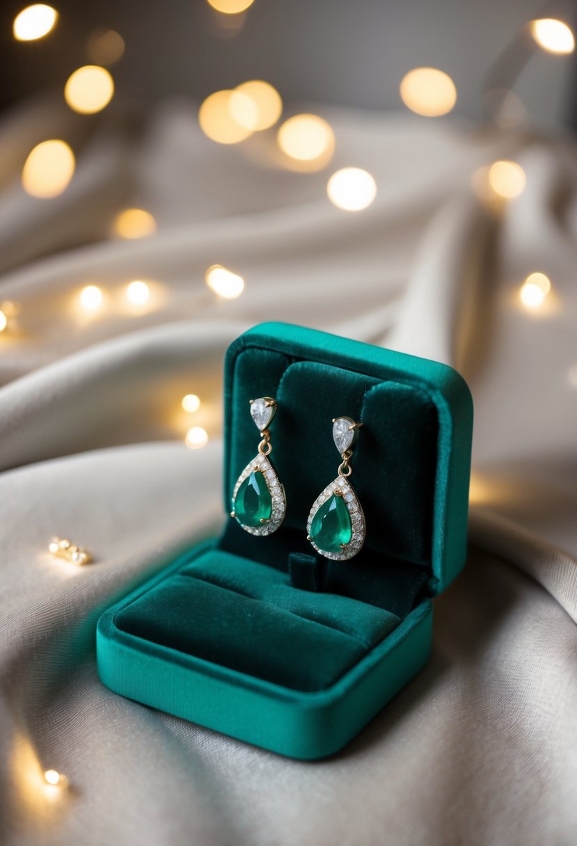 A sparkling pair of emerald drop earrings displayed on a velvet cushion with soft, romantic lighting