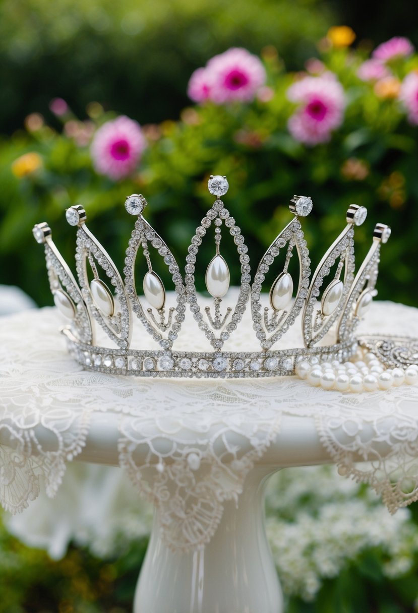 A sparkling tiara surrounded by delicate lace and shimmering pearls, set against a backdrop of lush greenery and blooming flowers