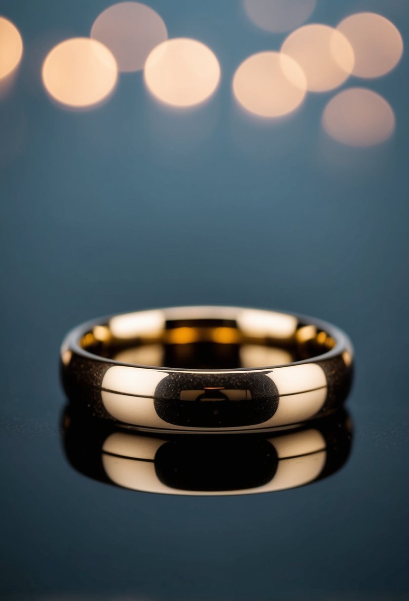 A simple, elegant gold band resting on a smooth, reflective surface