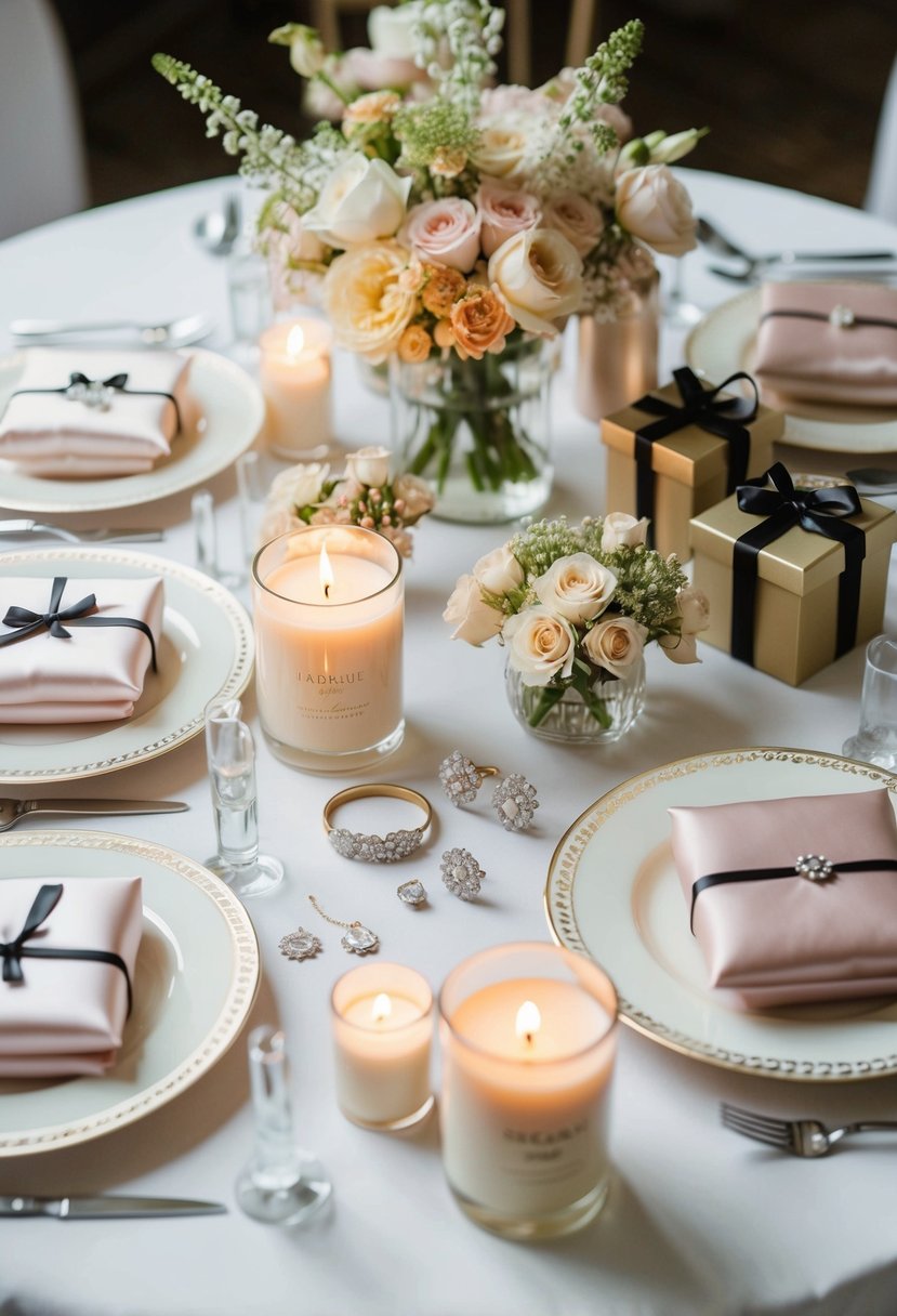 A table adorned with personalized jewelry, scented candles, and silk robes, surrounded by delicate flower arrangements and elegant gift boxes