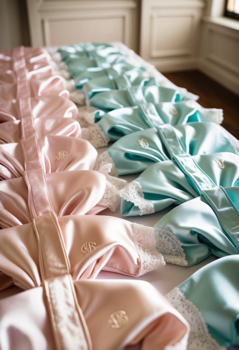 A row of monogrammed silk robes arranged on a table, with delicate lace trim and pastel colors, ready to be gifted to bridesmaids on the wedding day