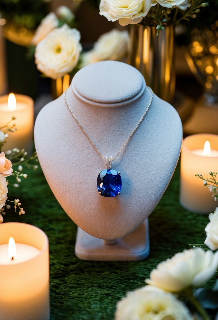 A sparkling sapphire pendant necklace on a velvet display, surrounded by soft candlelight and delicate floral arrangements