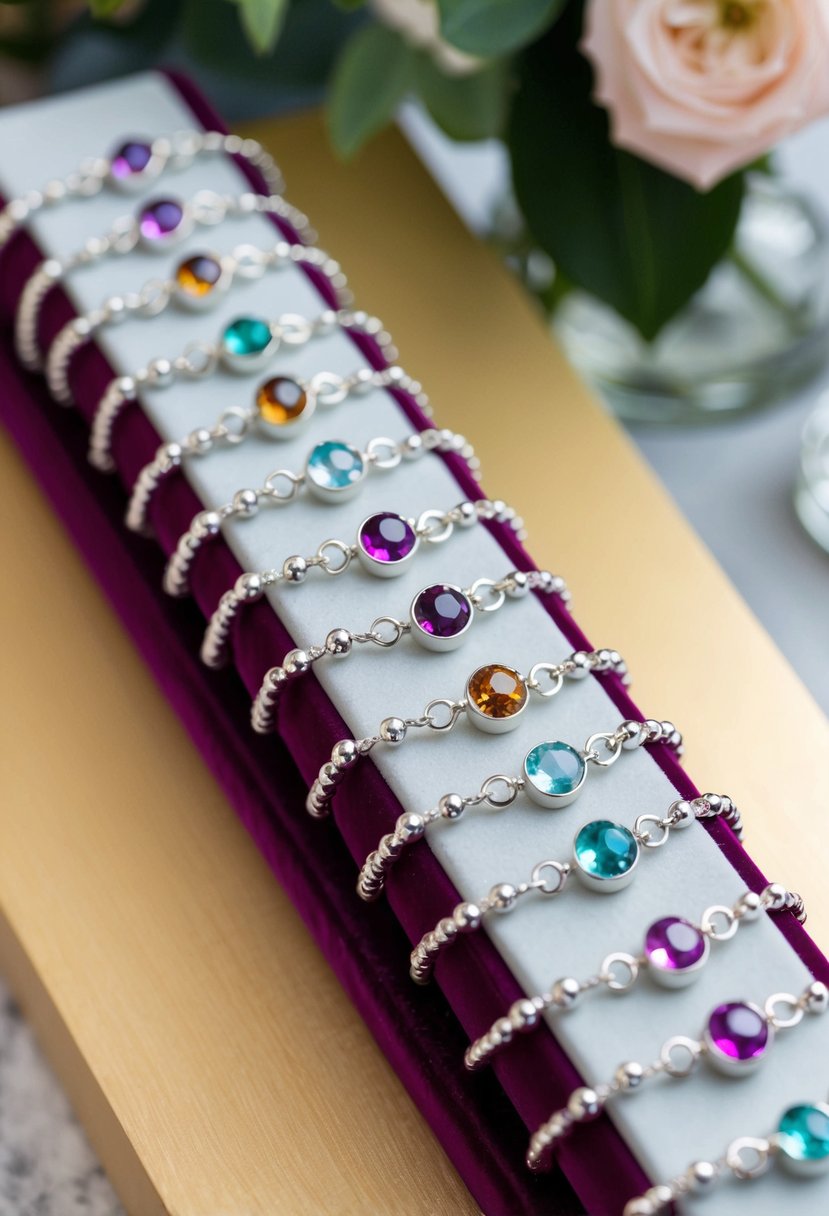 A row of delicate birthstone bracelets arranged on a velvet display, ready to be chosen as bridesmaid gifts on a wedding day