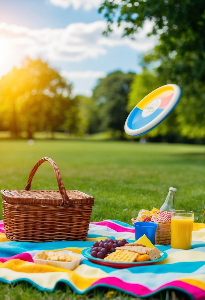 A picnic in a sunny park with a colorful blanket, a basket of snacks, and a frisbee flying through the air