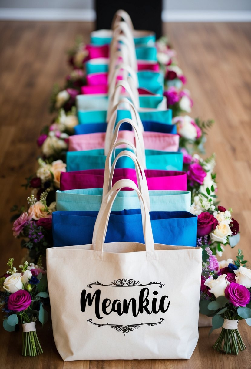 Colorful personalized tote bags arranged in a row, each with a different name or design, surrounded by floral bouquets and wedding accessories