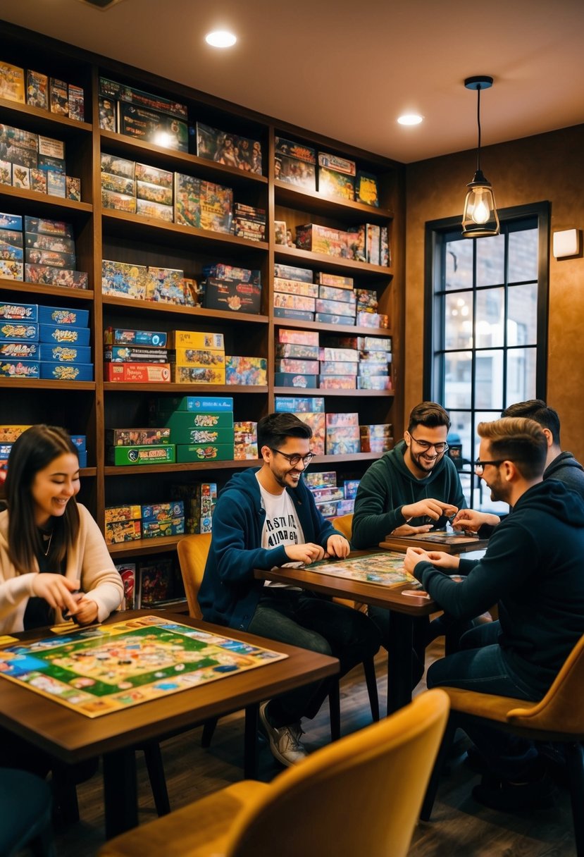 A cozy board game cafe with shelves of colorful games, small tables with eager players, and a warm, inviting atmosphere