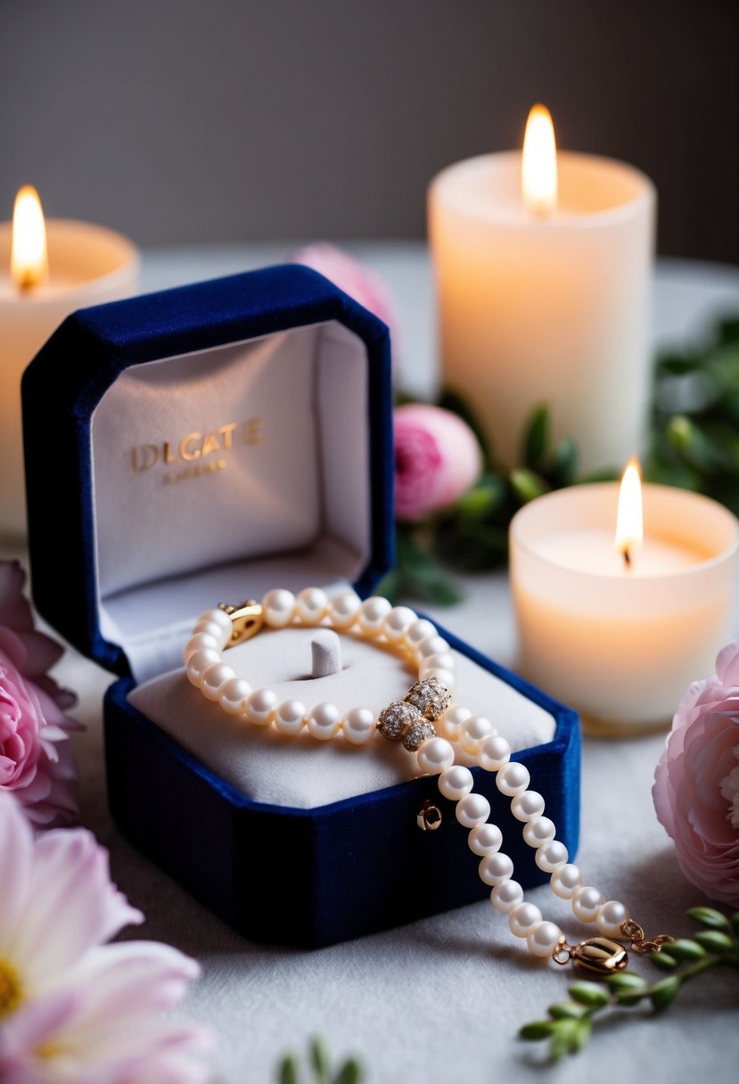 A delicate pearl bracelet draped over a velvet jewelry box, surrounded by soft candlelight and floral accents