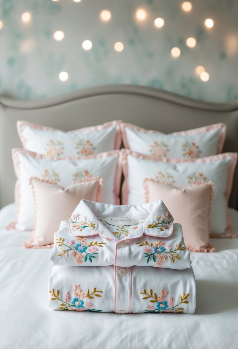 A group of matching embroidered pajama sets arranged neatly on a bed, with delicate floral patterns and pastel colors