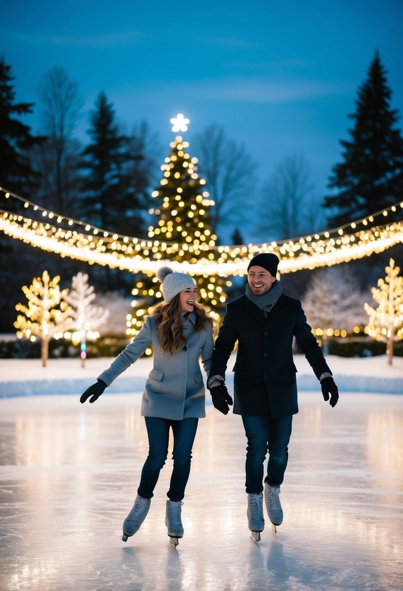 Two figures glide across a frozen pond, surrounded by twinkling lights and snow-covered trees. Laughter and the sound of skates cutting through the ice fill the air