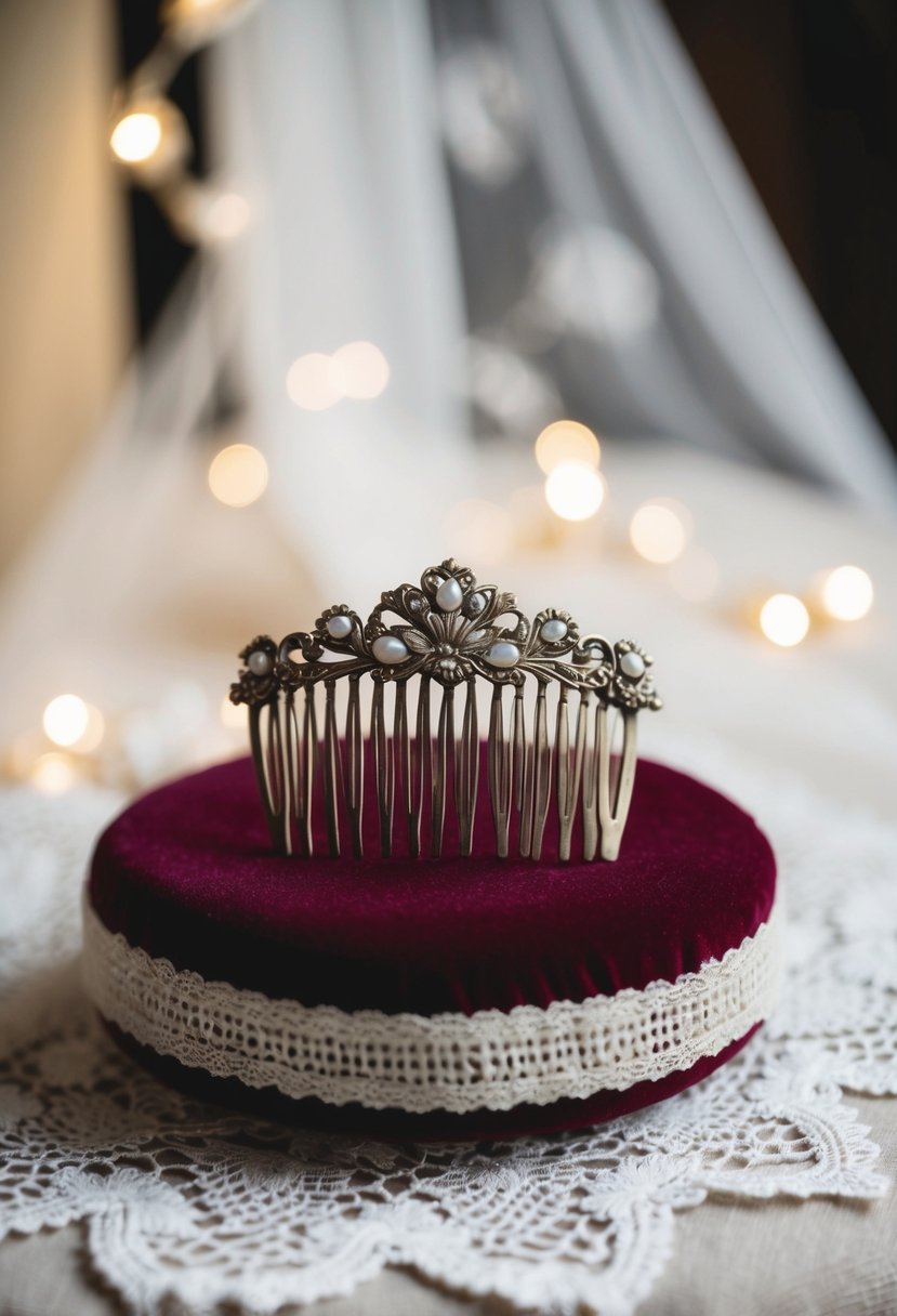 An antique bridal hair comb displayed on a velvet cushion with soft lighting and delicate lace in the background