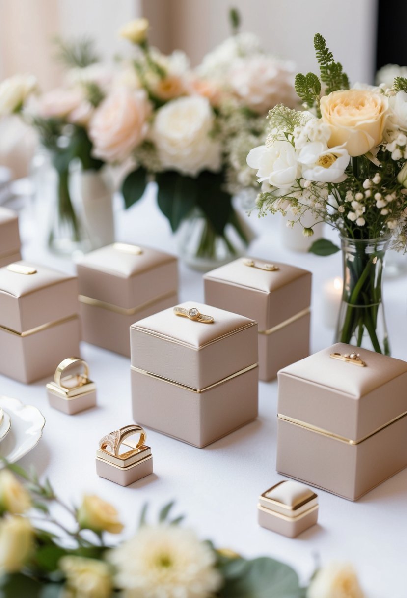 A table adorned with custom engraved jewelry boxes, surrounded by delicate flowers and wedding decor, perfect for bridesmaid gift ideas on the wedding day