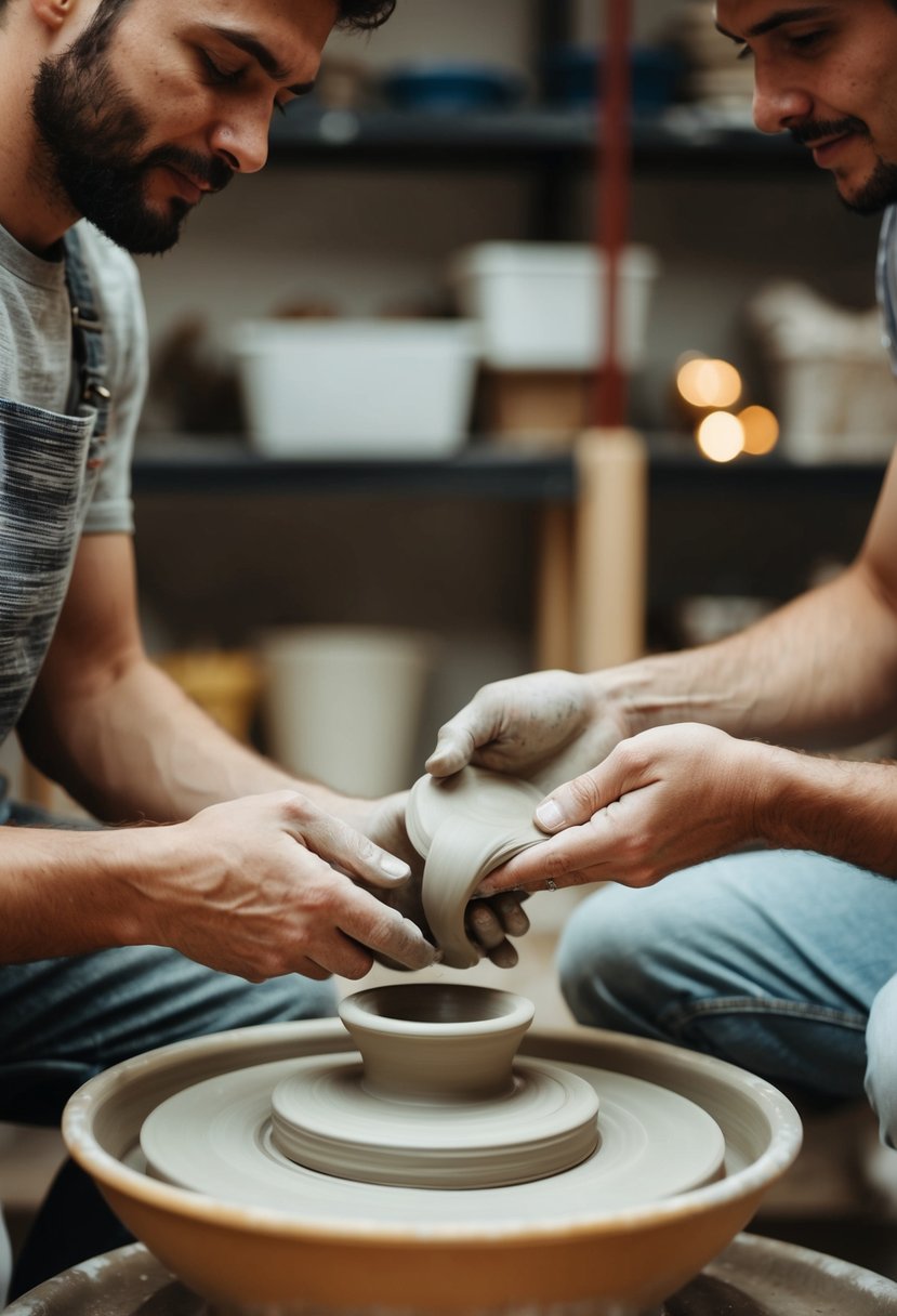 A pottery wheel spinning as two people shape clay together