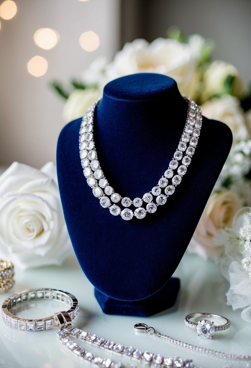 A sparkling crystal tennis necklace draped over a velvet jewelry display, surrounded by delicate bridal accessories