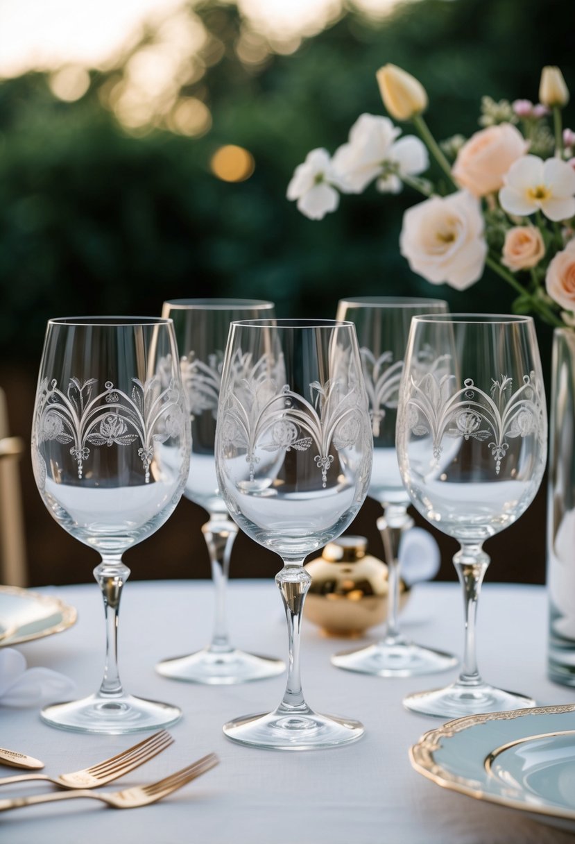 A set of elegant wine glasses with intricate engravings, arranged on a table with delicate floral accents