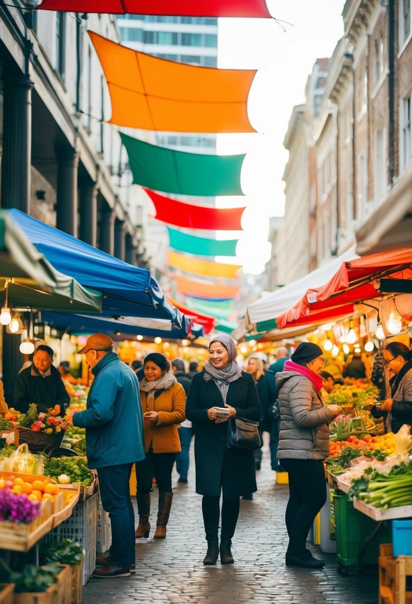 Colorful tents and stalls line a bustling market square, filled with fresh produce, flowers, and artisan goods. Shoppers browse while vendors chat and barter, creating a lively, vibrant atmosphere