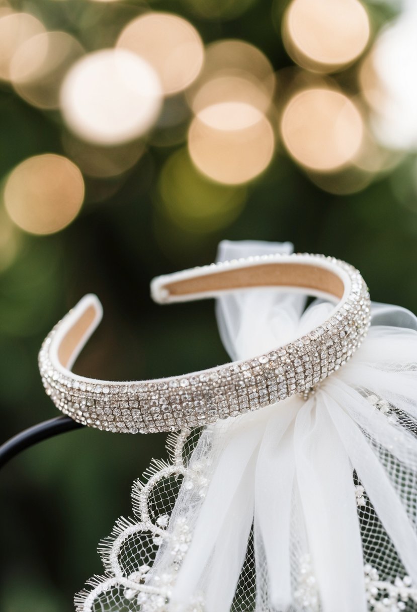 A sparkling rhinestone bridal headband on a white lace veil