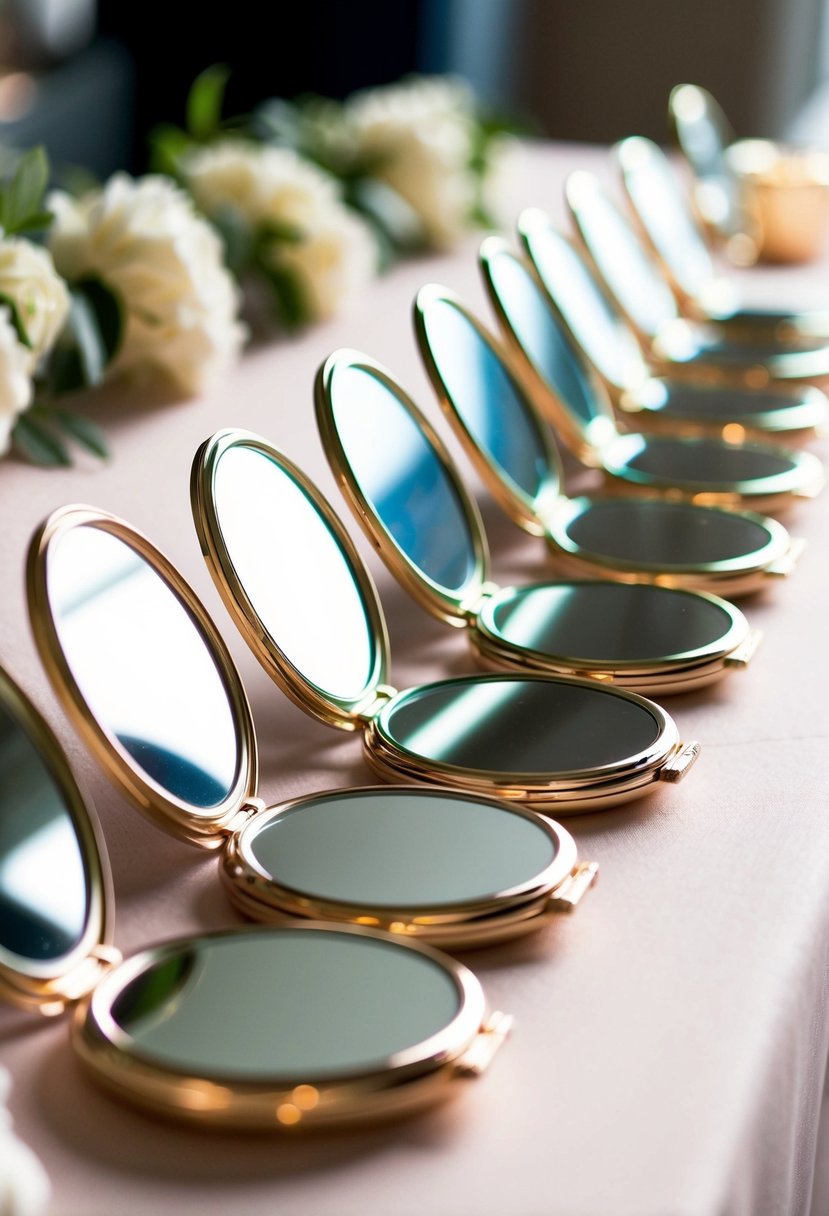 A row of personalized compact mirrors arranged on a table for bridesmaid gift ideas