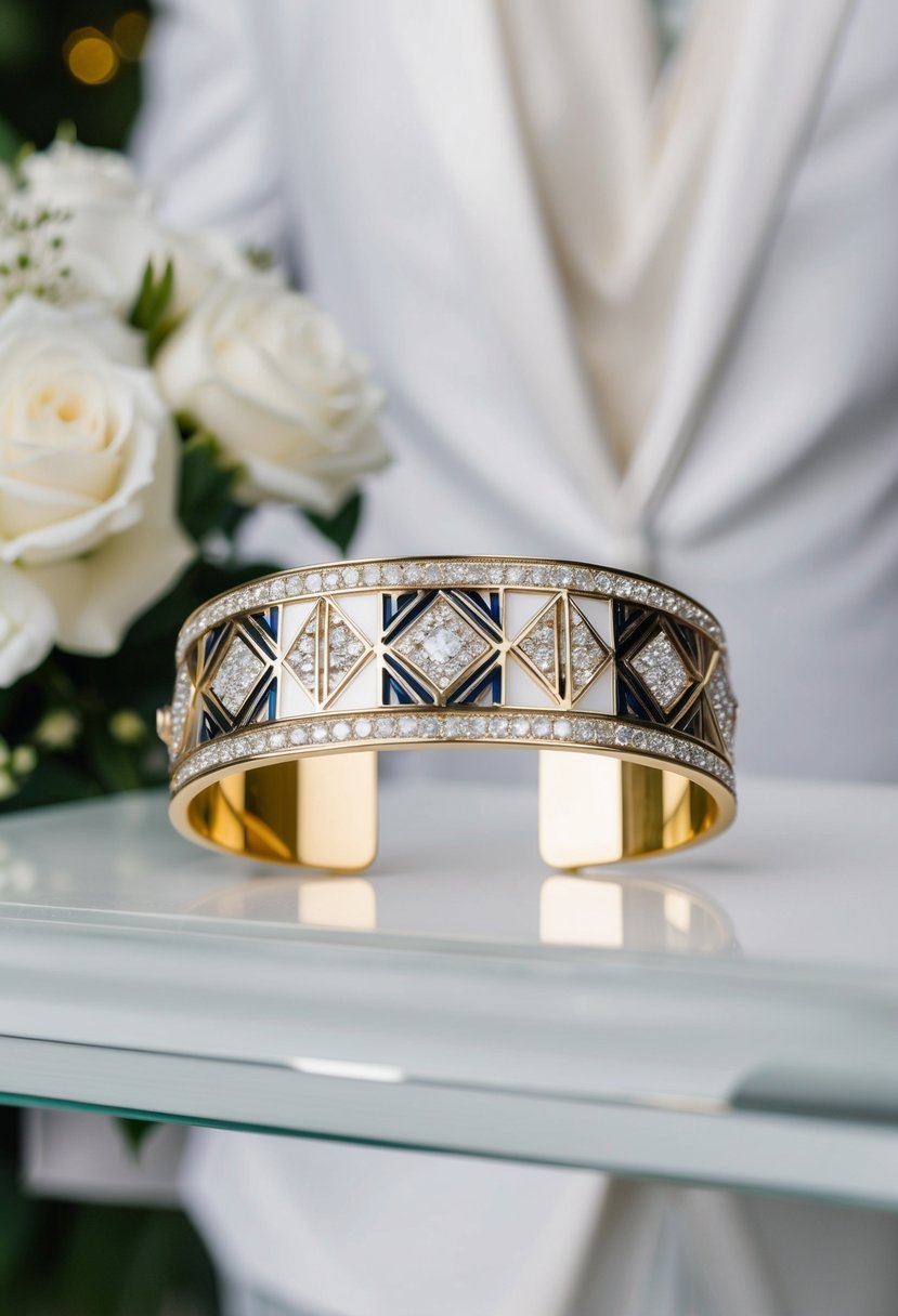 A sleek Art Deco cuff bracelet gleams with geometric patterns and sparkling gemstones, set against a backdrop of elegant wedding attire