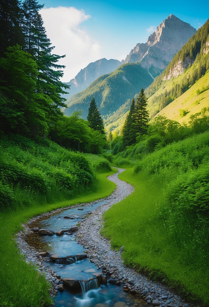 A winding trail through lush greenery with a clear, babbling stream and a backdrop of towering mountains