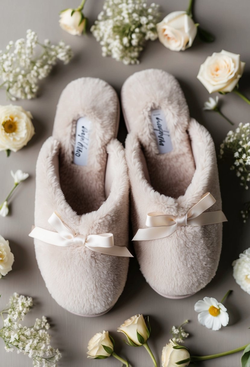 A pair of fluffy, personalized slippers with a ribbon and a small tag, surrounded by delicate flowers and wedding accessories