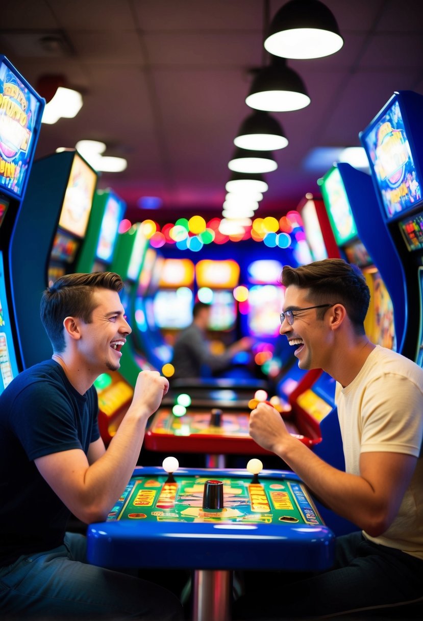 Two people compete in a lively arcade, surrounded by flashing lights and colorful game machines. Laughter and friendly banter fill the air as they challenge each other to various games