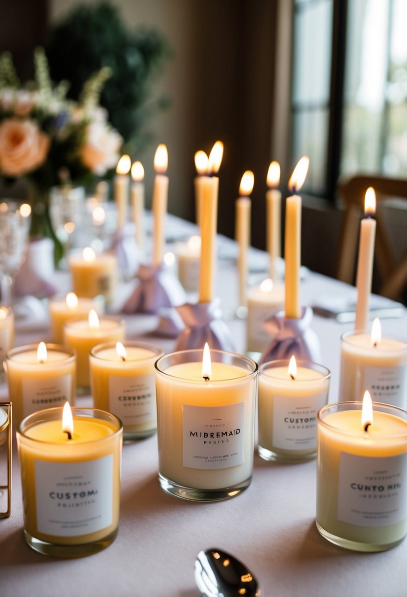 A table adorned with various custom scented candles, each elegantly wrapped, sits as bridesmaid gift ideas for a wedding day