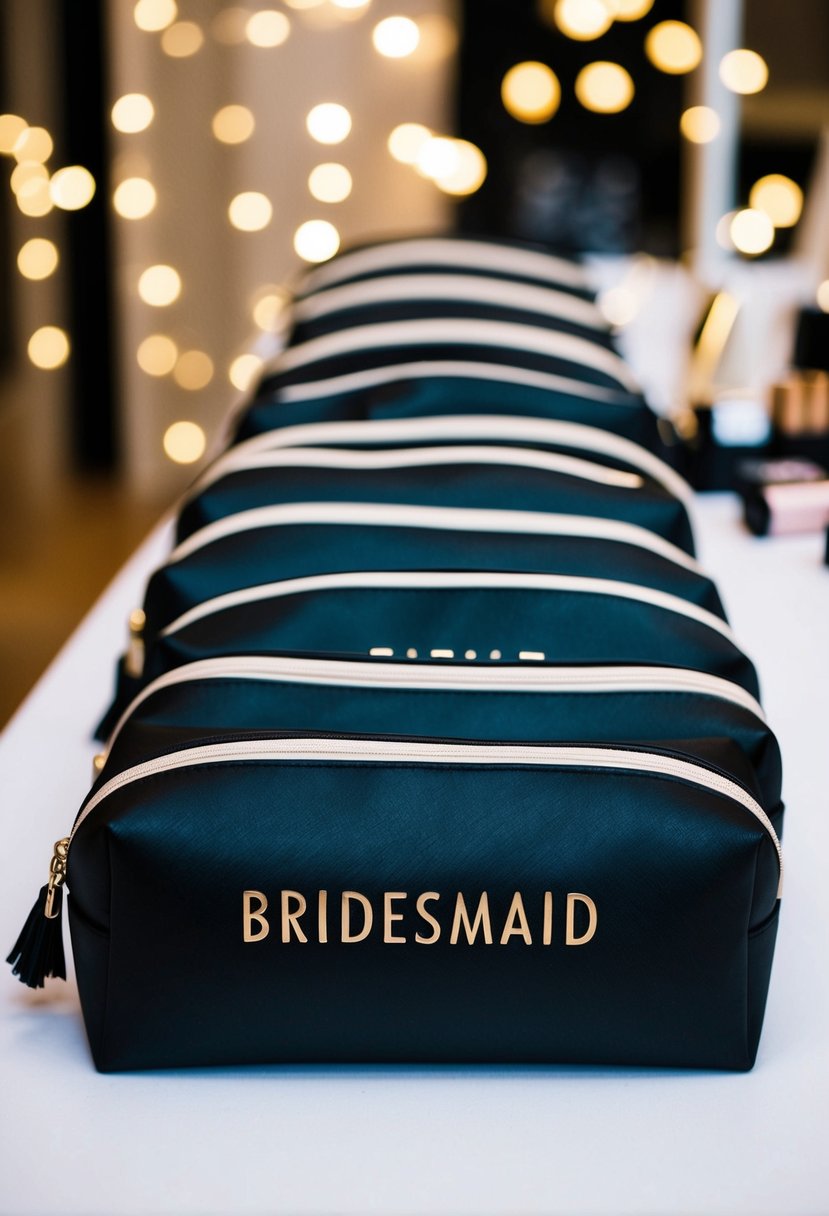 A row of personalized makeup bags arranged on a table, each with a different initial, ready to be given as bridesmaid gifts on the wedding day