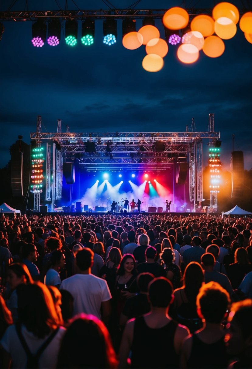 A crowded outdoor concert with colorful stage lights and people dancing