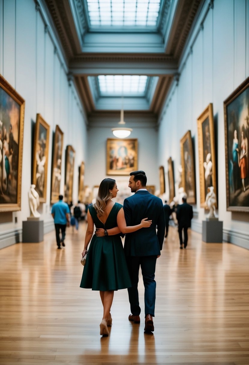 A couple strolls through a grand art museum, surrounded by colorful paintings and sculptures. The soft lighting highlights the beauty of the artwork