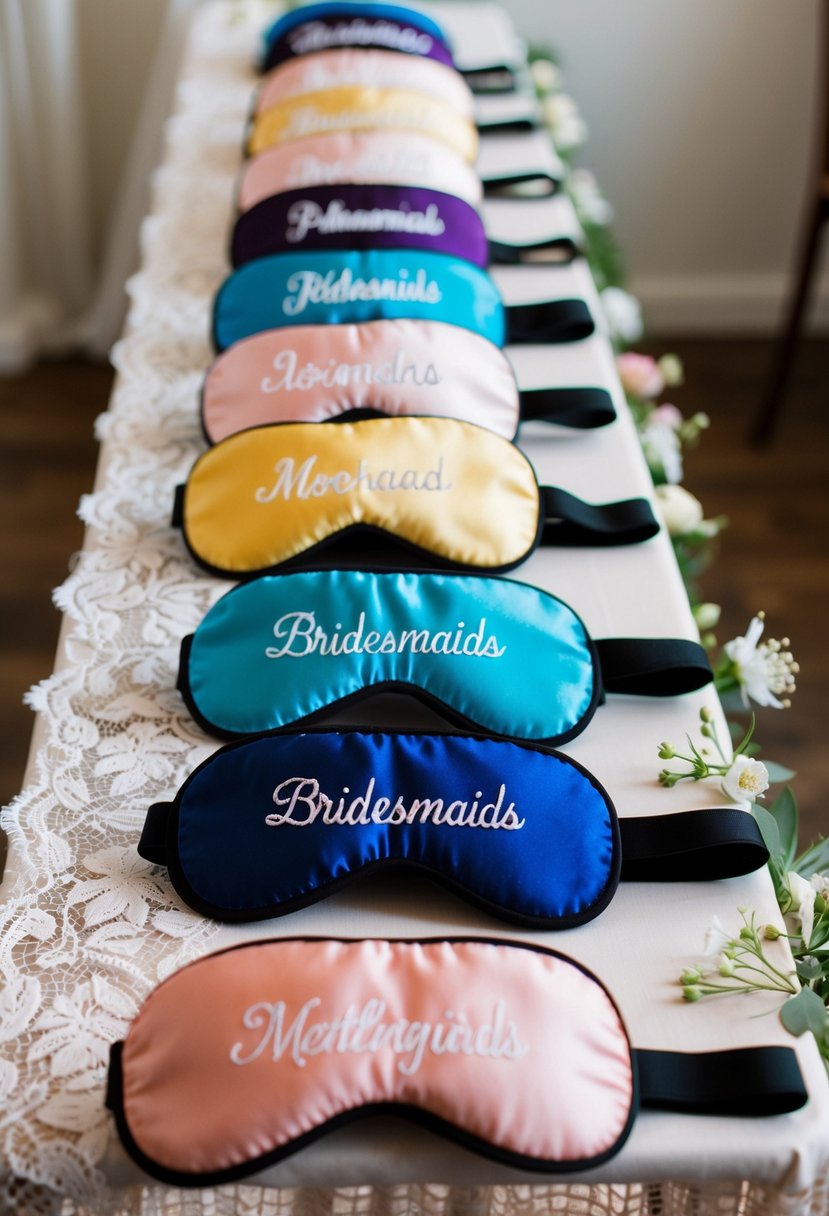 A row of colorful personalized eye masks arranged on a table with delicate lace and floral accents, ready to be gifted to bridesmaids on the wedding day