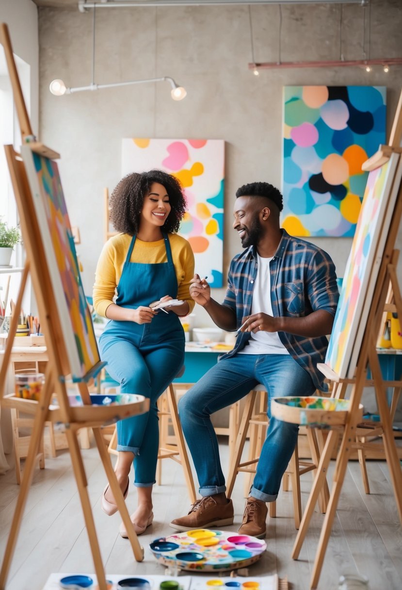 A cozy art studio with easels, paint palettes, and colorful canvases. Soft music plays as two figures chat and laugh while creating art together