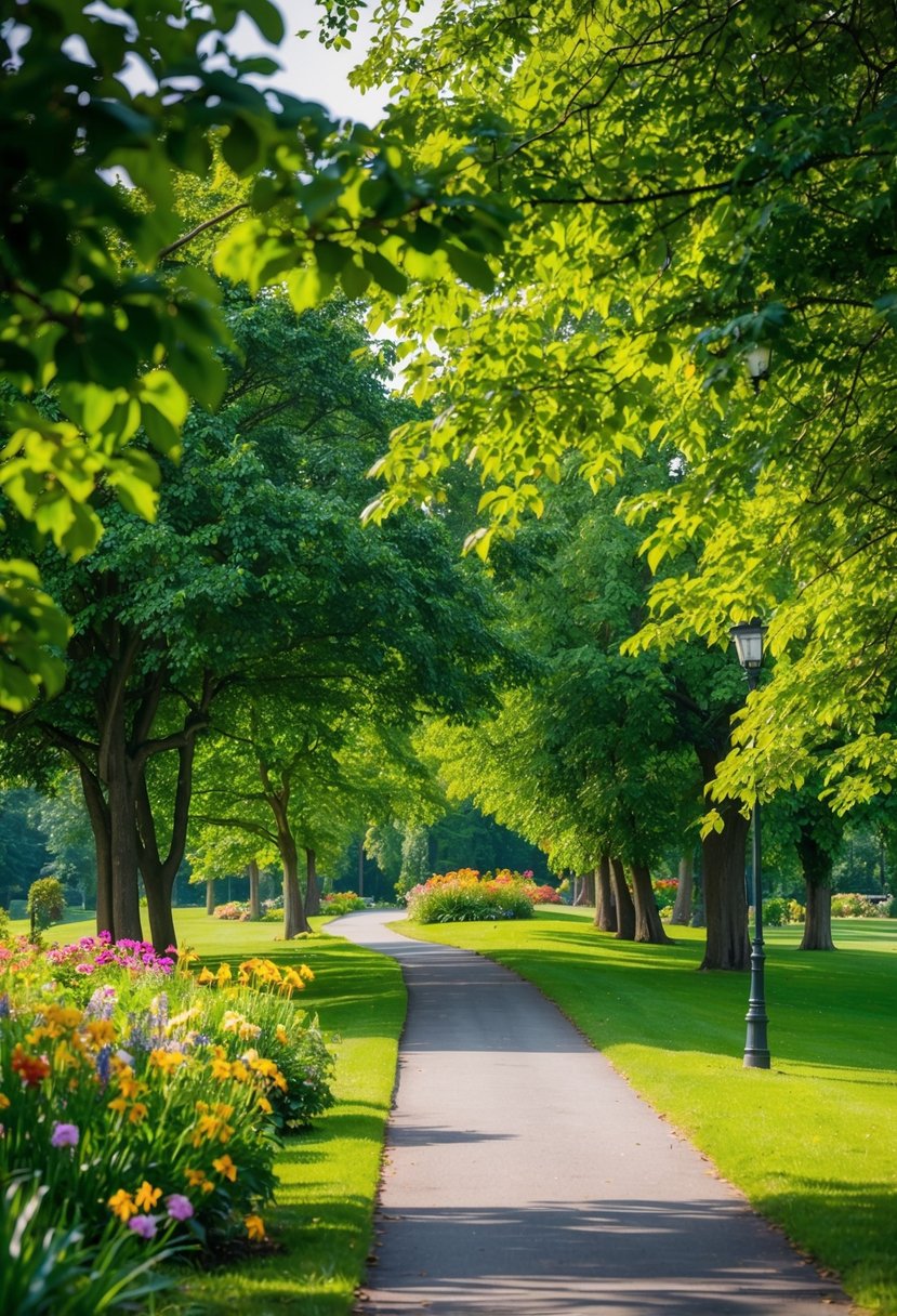 A serene park path winds through lush greenery and colorful flowers, with a gentle breeze rustling the leaves