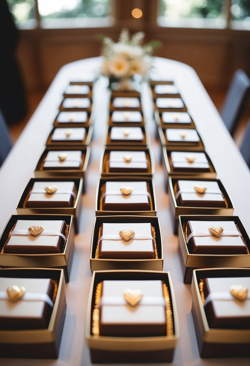 A table adorned with elegant boxes of signature chocolates, ready to be given as bridesmaid gifts on the wedding day