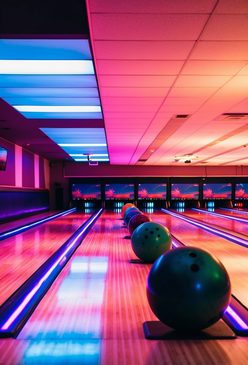 Bowling alley with colorful, glowing lanes, neon lights, and cheerful atmosphere