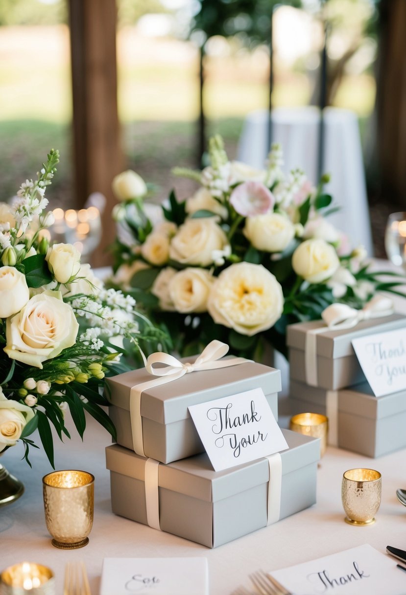 A table set with elegant gift boxes and handwritten thank you notes, surrounded by floral arrangements and wedding decor