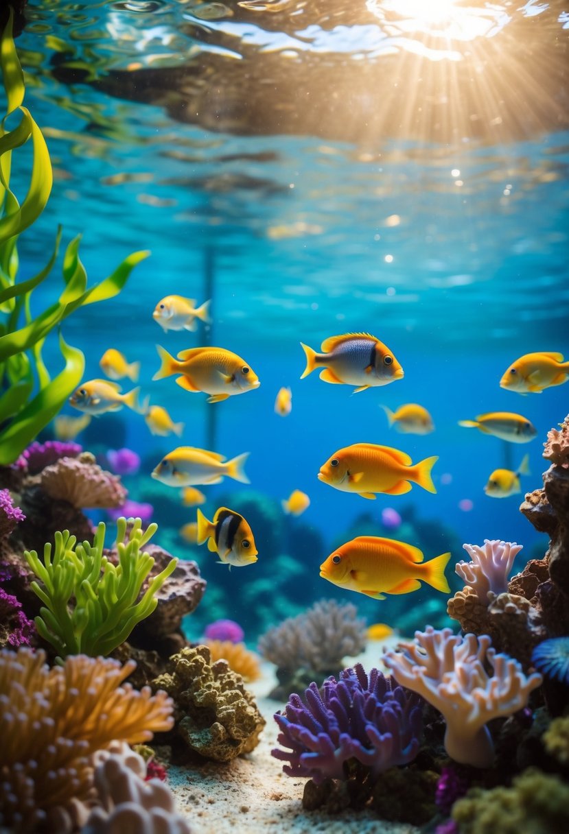 Colorful fish swim among vibrant coral and waving sea plants in a bustling aquarium. Sunlight filters through the water, casting a mesmerizing glow on the underwater landscape