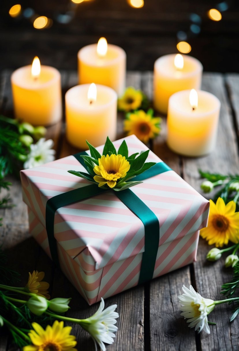 A beautifully wrapped gift box sits on a rustic wooden table, surrounded by fresh flowers and flickering candles