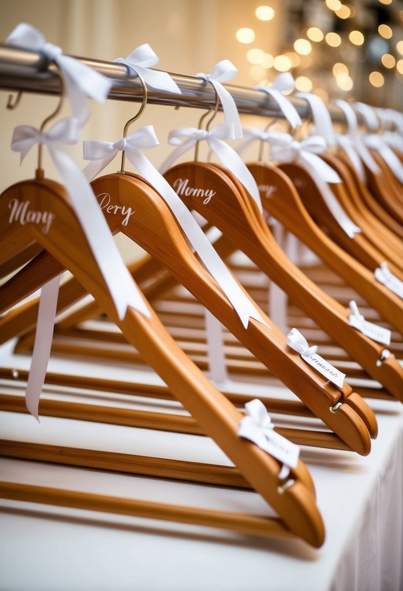 A row of elegant wooden dress hangers, each adorned with delicate ribbons and personalized tags, arranged on a display table