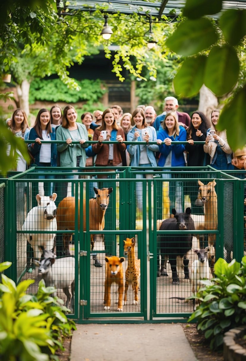 A colorful menagerie of animals in their enclosures, surrounded by lush greenery and excited visitors