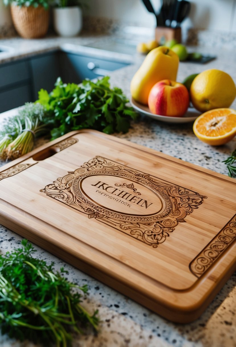 A personalized cutting board with intricate engraving sits on a kitchen counter, surrounded by fresh herbs and colorful fruits