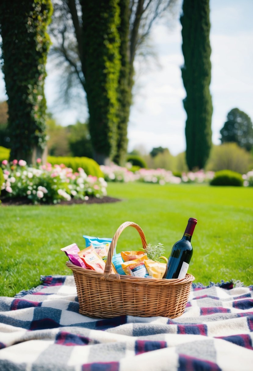 A checkered blanket spread out on lush green grass, surrounded by blooming flowers and towering trees. A wicker basket filled with assorted snacks and a bottle of wine sits in the center