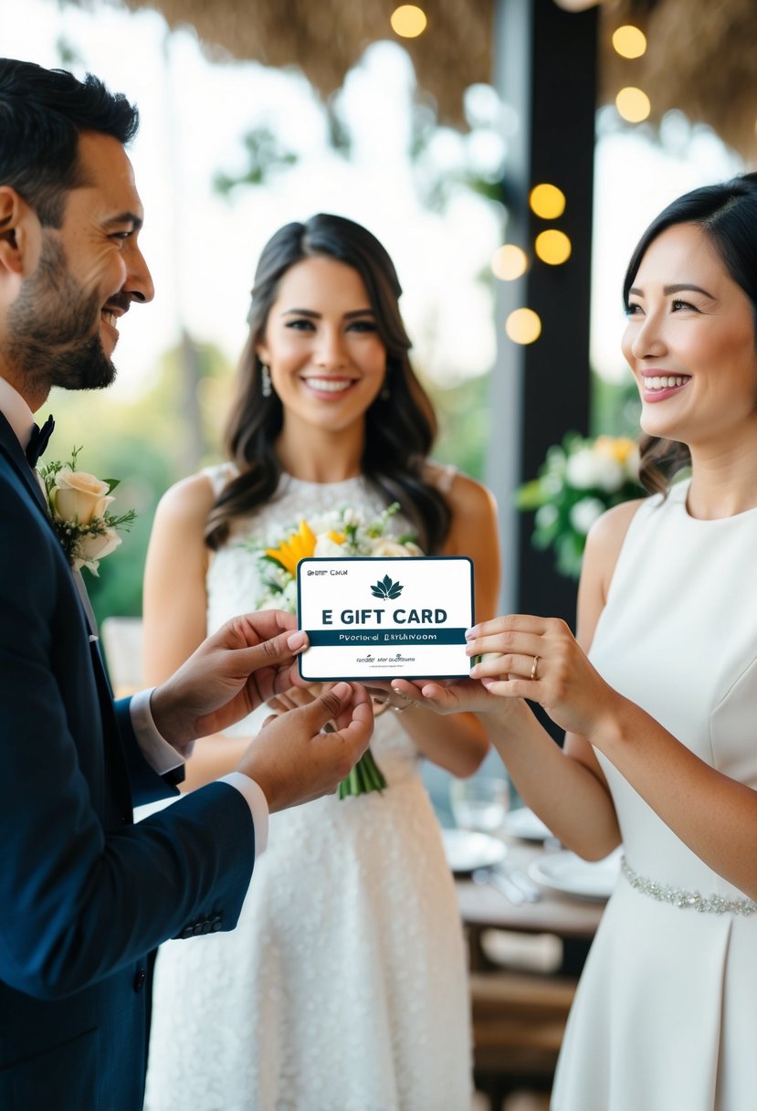 A couple receiving an e-gift card to their favorite restaurant, with a celebratory wedding theme