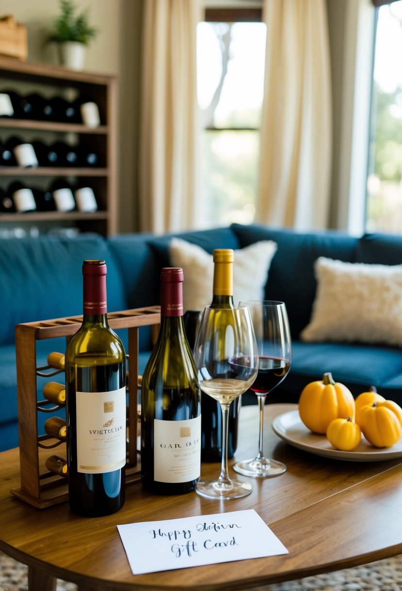 A cozy living room with a table set for two, featuring a variety of wine bottles and glasses, a rustic wine rack, and a handwritten gift card