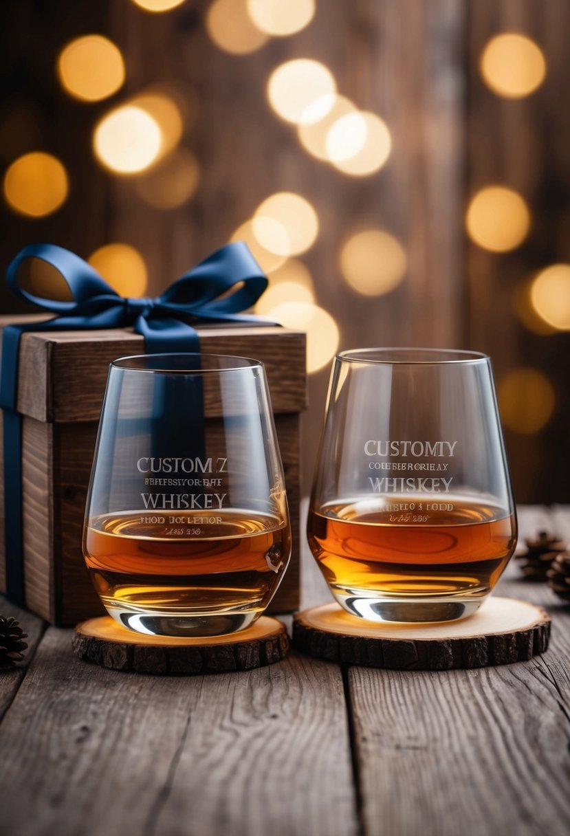 Two elegant whiskey glasses with custom engravings, surrounded by a rustic wooden gift box and a ribbon