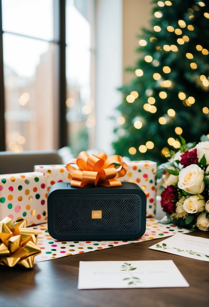 A wireless speaker surrounded by elegant wrapping paper and a festive bow, placed on a table with a wedding card and a bouquet of flowers