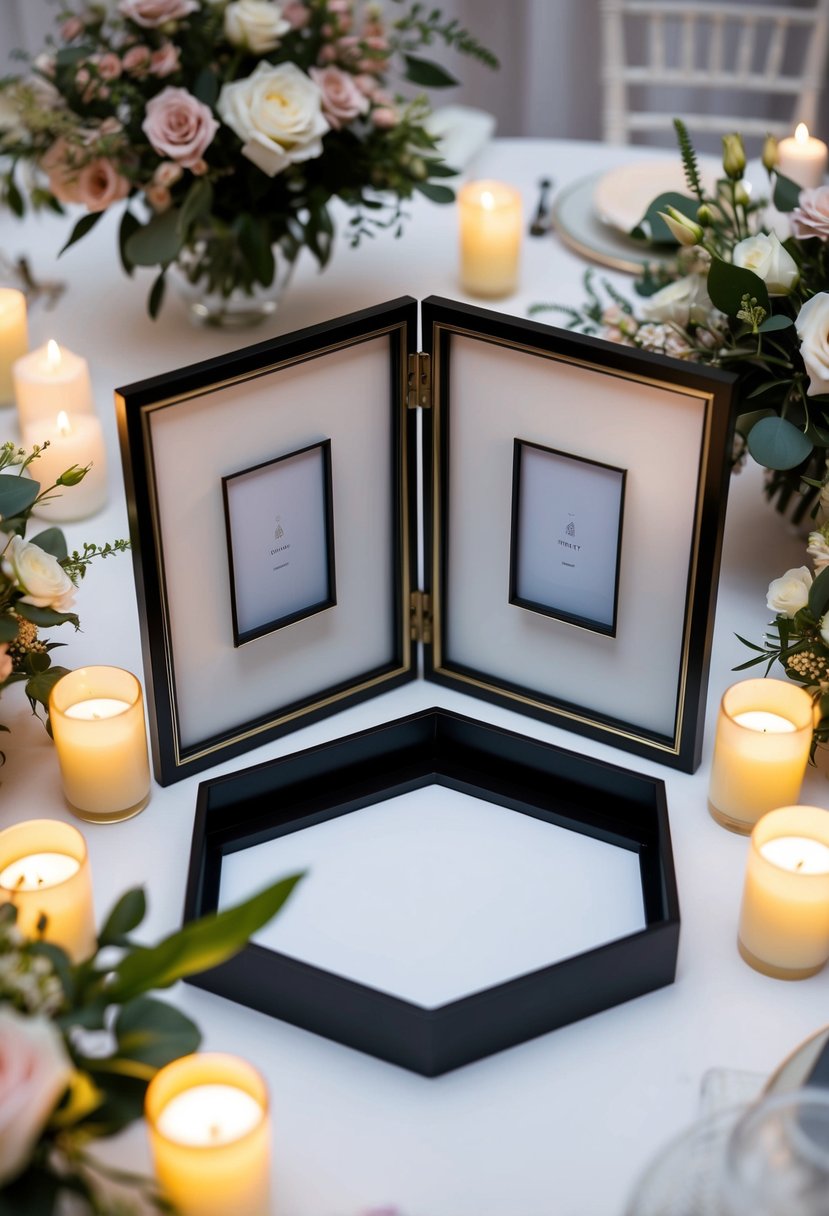 An open infinity picture frame with space for multiple photos, surrounded by elegant floral arrangements and soft candlelight