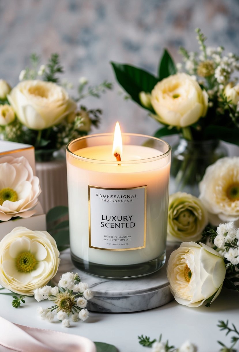 A beautifully wrapped luxury scented candle surrounded by delicate floral arrangements and elegant packaging