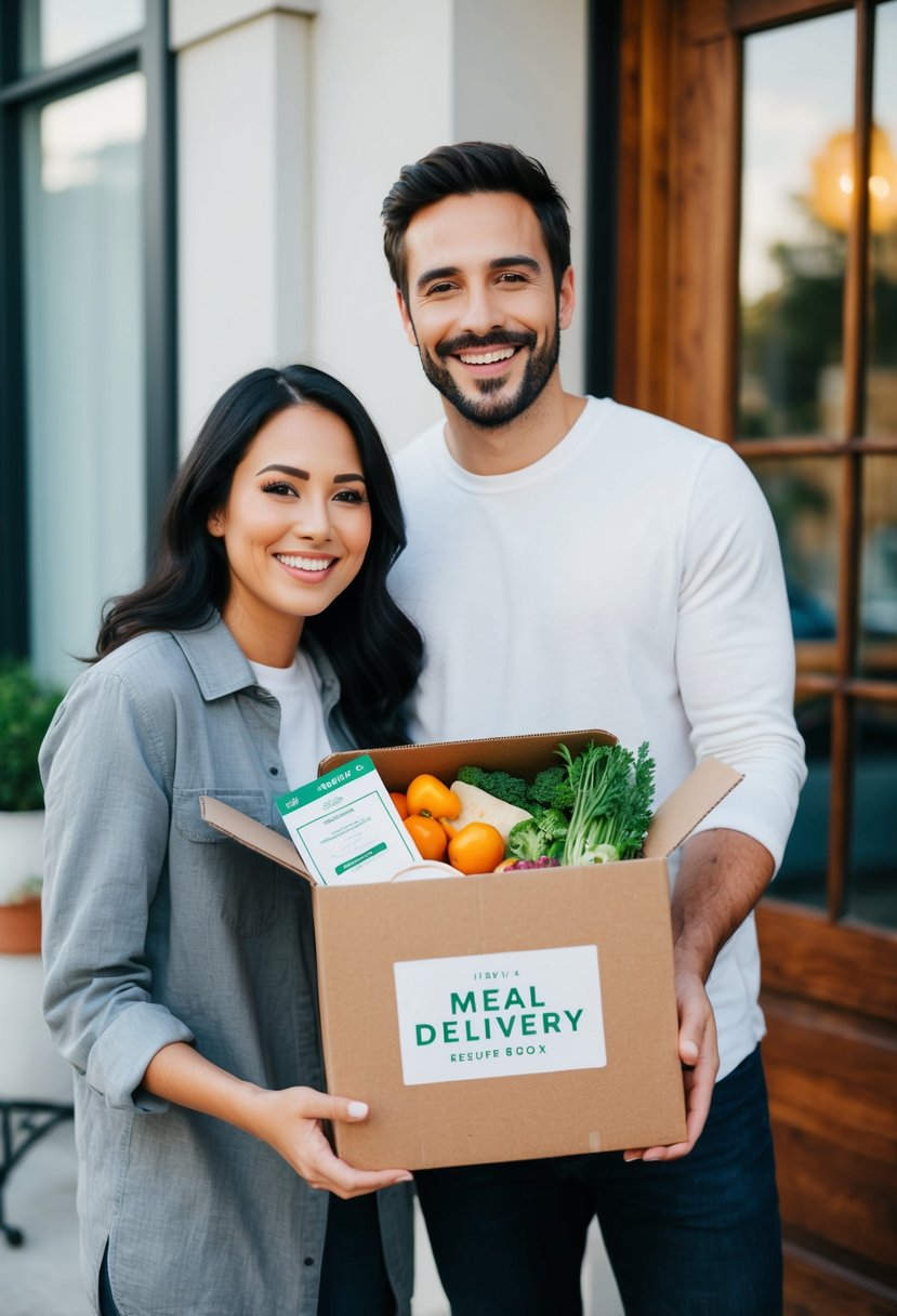 A smiling couple receives a meal delivery box at their doorstep, with fresh ingredients and recipe cards inside