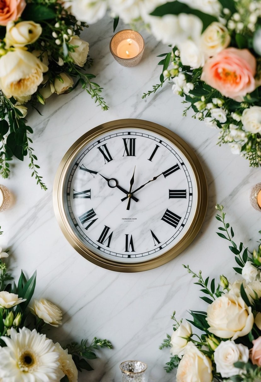 A marble wall clock surrounded by elegant wedding decor and flowers